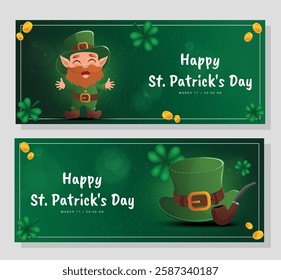 St. Patrick's Day set of poster. Leprechaun hat, a shamrock, leprechaun on a dark green background. Vector illustration.