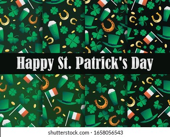 St. Patrick's Day set of seamless patterns. Clover leaves and gold coins. Leprechaun hat, a glass of beer and a horseshoe are a symbol of good luck. Vector illustration