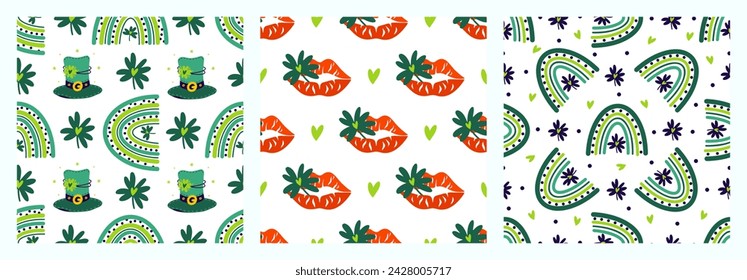 St. Patrick's Day set of seamless vector patterns. Festive elements - leprechaun hat, green rainbow, four leaf clover, good luck kiss. Traditional Irish holiday, fun celebration. Cartoon backgrounds