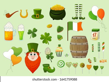 St. Patrick's Day set. Shamrock, clover, gold coins,irish flag, ale, leprechaun, pot of gold,  glass of beer, leprechaun hat, smoking pipe. St. Patricks day different icons in traditional irish colors