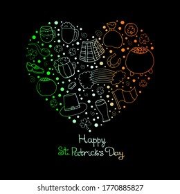 St. Patrick's day. Set with a set for St. Patrick's day. Smoking pipe, beer mug, horseshoe, rainbow, clover, flag, shoes on a black background. Vector isolated illustration with a pot of gold, 