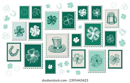 St. Patrick's Day set, Stamps, mail, postcard, Hand drawn illustrations
