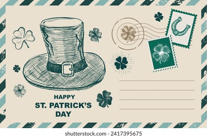 St. Patrick's Day set, Stamps, mail, postcard, Hand drawn illustrations	