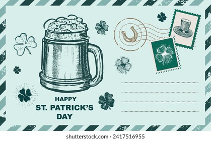 St. Patrick's Day set, Stamps, mail, postcard, Hand drawn illustrations	