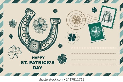 St. Patrick's Day set, Stamps, mail, postcard, Hand drawn illustrations