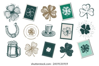 St. Patrick's Day set, Stamps, mail, postcard, Hand drawn illustrations