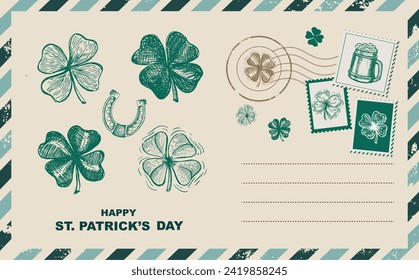 St. Patrick's Day set, Stamps, mail, postcard, Hand drawn illustrations	