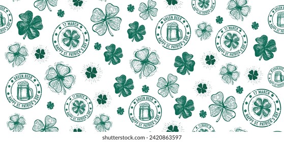 St. Patrick's Day set, Stamps, mail, postcard, Hand drawn illustrations