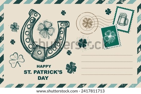 St. Patrick's Day set, Stamps, mail, postcard, Hand drawn illustrations