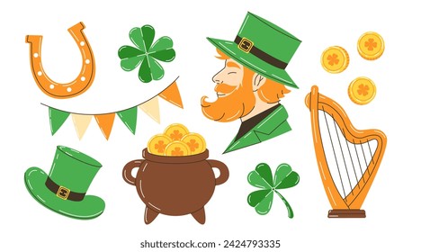 St. Patrick's Day set. symbols of ireland set. leprechaun, hat, pot of gold, clover coins, harp, garland, Irish flags