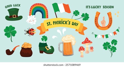 St. Patrick's Day set with symbols of good luck and fortune. Four leaf clover, hand with crossed fingers, ladybug, horseshoe, rainbow, leprechaun hat, Irish flag. Vector designs in flat color style.