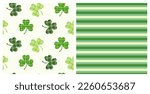 St. Patricks Day set of two seamless decorative pattern of Irish tartan clover leaves and green stripes. Hand drawn design for St. Paddy day celebration, party decoration, scrapbooking, textile. 