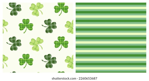 St. Patricks Day set of two seamless decorative pattern of Irish tartan clover leaves and green stripes. Hand drawn design for St. Paddy day celebration, party decoration, scrapbooking, textile. 