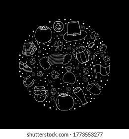 St. Patrick's day.  Set for St. Patrick's day. Vector isolated illustration with a pot of gold. Smoking pipe, beer mug, horseshoe, rainbow, clover, flag, shoes on a black background.