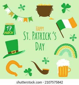 St. Patrick's Day set. Vector illustration in flat style. Pot of gold, leprechaun hat and pipe, beer, shamrock, rainbow and Irish flag