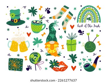 St. Patrick's Day set of vector icons. Holiday symbols - cute gnome with a horseshoe, beer, gifts, shamrock for good luck, clover leaf, leprechaun hat, rainbow. Flat cartoon clipart isolated on white