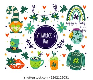 St. Patrick's Day set of vector icons. Holiday symbols - a gnome with a heart, festive drink, shamrock, kiss for good luck, clover leaf, leprechaun hat, rainbow. Flat cartoon clipart isolated on white