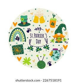 St. Patrick's Day set of vector icons. Holiday symbols - a gnome with a festive garland, shamrock, rainbow, beer, gift, jar of luck, clover leaf, leprechaun hat. Flat cartoon clipart isolated on white