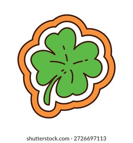 St Patricks dia trevo trevo trevo desenho animado adesivo ou rótulo. Irish festive retro groovy tag, selo vetor da festa da Irlanda. Patch de celebração de São Patrício com bandeira da Irlanda cores trevo folha