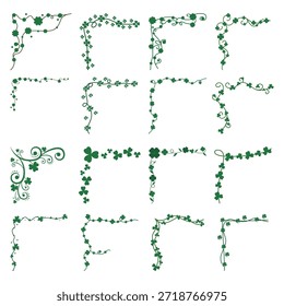 Conjunto de decoración de la esquina de trébol del día de San Patricio. Vector Green Clover Vine y Swirl Ornaments para bordes de página, marcos y diseño de menú.