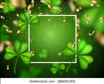 St. Patricks day shamrock holiday vector poster with clover on green blurred background. Cartoon frame with lucky trefoil and golden confetti randomly flying. Celtic shamrock Saint Patrick border