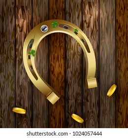 St Patricks Day shamrock with horseshoe on wooden surface. Vector Illustration of a St. Patrick's Day Background.