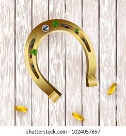 St Patricks Day shamrock with horseshoe on wooden surface. Vector Illustration of a St. Patrick's Day Background.