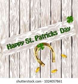 St Patricks Day shamrock with horseshoe on wooden surface. Vector Illustration of a St. Patrick's Day Background.