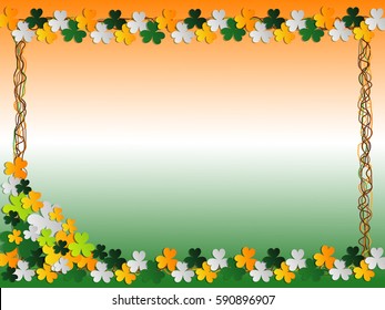 St. Patrick's Day Shamrock leaf Orange White Green Flag Frame Border Decorative Square Background
