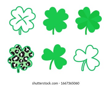 St Patricks Day shamrock leaves set. Clover leaf clipart vector icons.