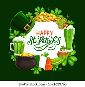 St. Patricks Day shamrock, leprechaun hat, gold and green beer vector design. Irish religious holiday greeting card with clover leaves, golden coins pot, Ireland flag and celtic elf treasure cauldron