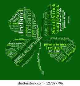 St. Patrick's Day shamrock shaped tag cloud, word cloud concept. Tag cloud text business concept. Word collage. Vector illustration.