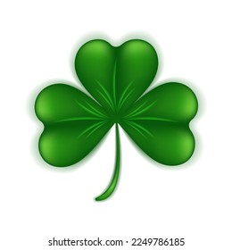 St. Patrick's Day shamrock symbol of good luck. Green clover 3d isolated on white background. Herbal plant in cartoon style. Vector illustration.