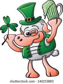 St Patrick's Day Sheep winking, smiling and holding a clover and a glass of beer