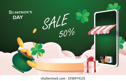 Día de San Patricio haciendo compras por teléfono
feliz Día de los Santos Patrones Fondo verde de primavera en el estrado de la marcha para el afiche de la pancarta y la olla llena de monedas de oro  