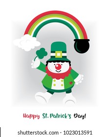 St. Patrick's Day sign. Cute comic cartoon style. Greeting card illustration. Traditional Irish holiday celebration symbol. Leprechaun hat, beard. Ireland green clover shamrock. Vector design element