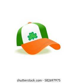 St. Patrick's Day sign. Freehand drawn cute icon emblem. Irish flag colors. Traditional holiday celebration decoration. Modern cap with clover. Ireland shamrock green symbol. Vector design element