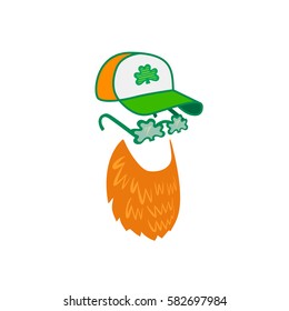 St. Patrick's Day sign. Freehand drawn cute icon emblem. Traditional Irish holiday celebration symbol. Modern cap, clover. Ireland shamrock green glasses. Leprechaun red beard. Vector design element