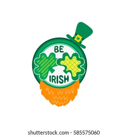 St. Patrick's Day sign. Freehand drawn cute icon emblem. Traditional Irish holiday celebration symbol. Leprechaun hat, red beard. Ireland shamrock green leaf. Vector design badge background element