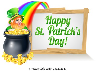 A St Patricks Day sign Happy reading St Patricks Day with a Leprechaun hat with shamrock four leaf clover and full of gold coins at the end of the rainbow