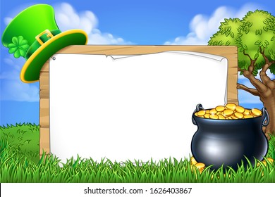 A St Patricks day sign with leprechaun hat and a pot of gold