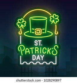 St. Patrick's Day sign neon. Night city. Realistic neon sign. St. Patrick's Day banner, logo, emblem and label. Bright signboard, light banner.  Vector illustration.