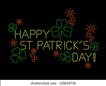 St. Patrick's Day sign in neon with shamrocks and bubbles