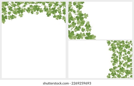 St. Patrick's Day Simple Vector illustration with Border made of Green Clover Leaves on a White Background. St. Patrick Holidays Print ideal for Card, Banner, Layout, Greetings. No text.