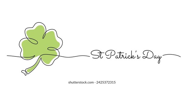 St. Patrick's Day single line typography background with four-leaf clover and handwritten style text. Banner or greeting card minimal concept. Vector illustration.