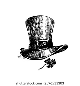 St. Patrick's Day sketch. Hand drawn vector illustration of hat with clover