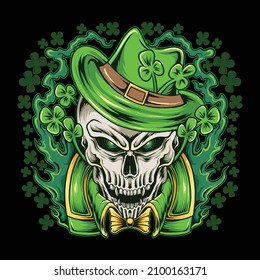 St. Patrick's day with skull image wearing a green jacket and hat with clover leaves