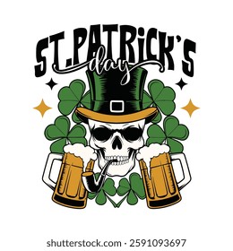 St. Patrick's Day Skull with Sports a Green Leprechaun Hat, Smokes a Pipe and Flanked by Two Overflowing Mugs of Beer 