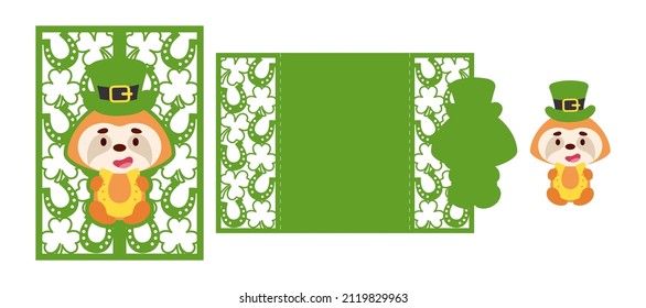 St. Patrick's Day sloth laser cutting invitation card template. Paper cut out silhouette for plotter and silk screen printing. Vector stock illustration.