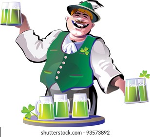 St Patrick's day - smiling bartender with green beer glasses